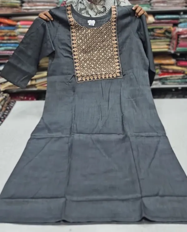 Dual Tone Cotton Zari Embroidery Straight Kurti with Side Cut |SD46